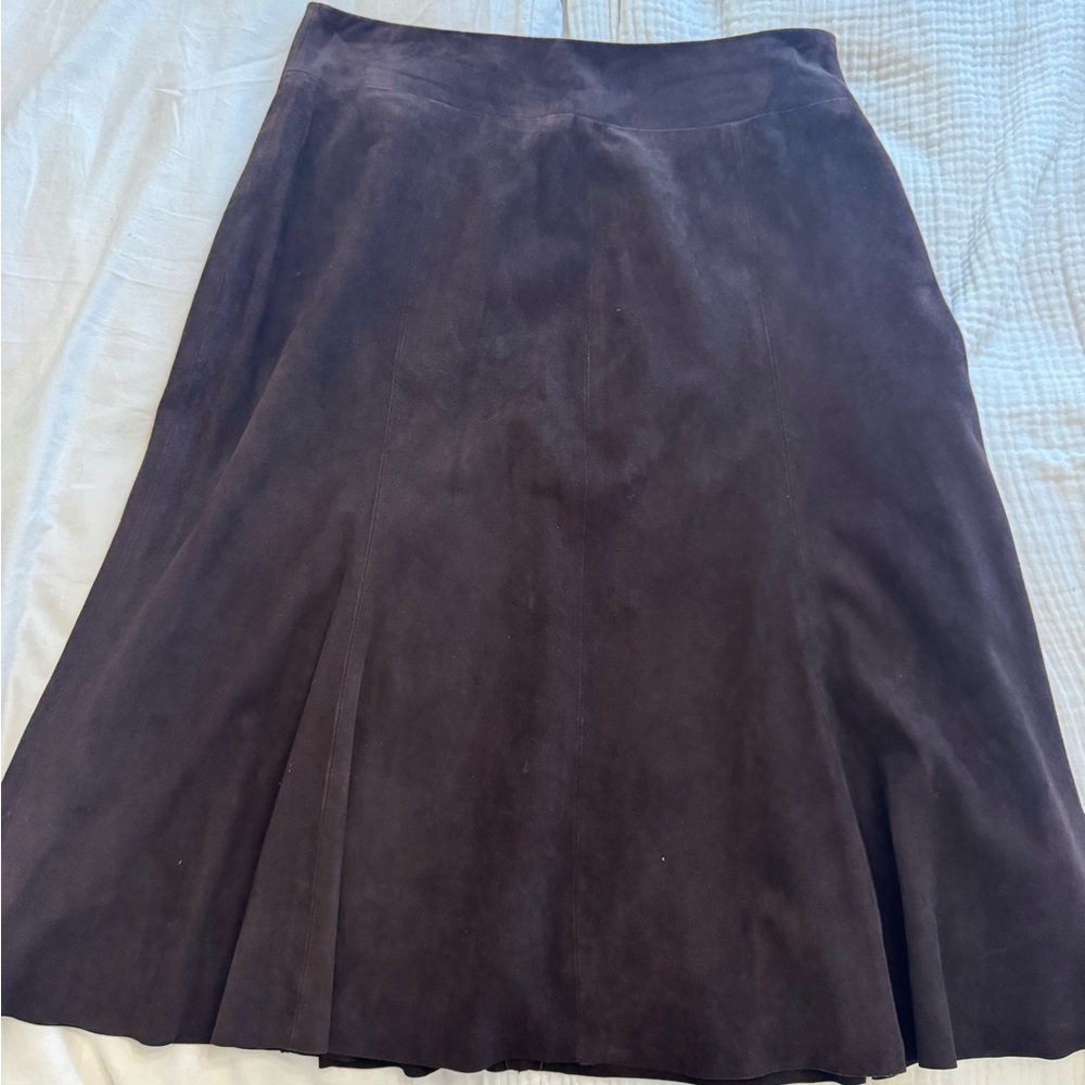 Eileen Fisher vintage chocolate goat suede Midi A-Line Skirt - Picture 5 of 5